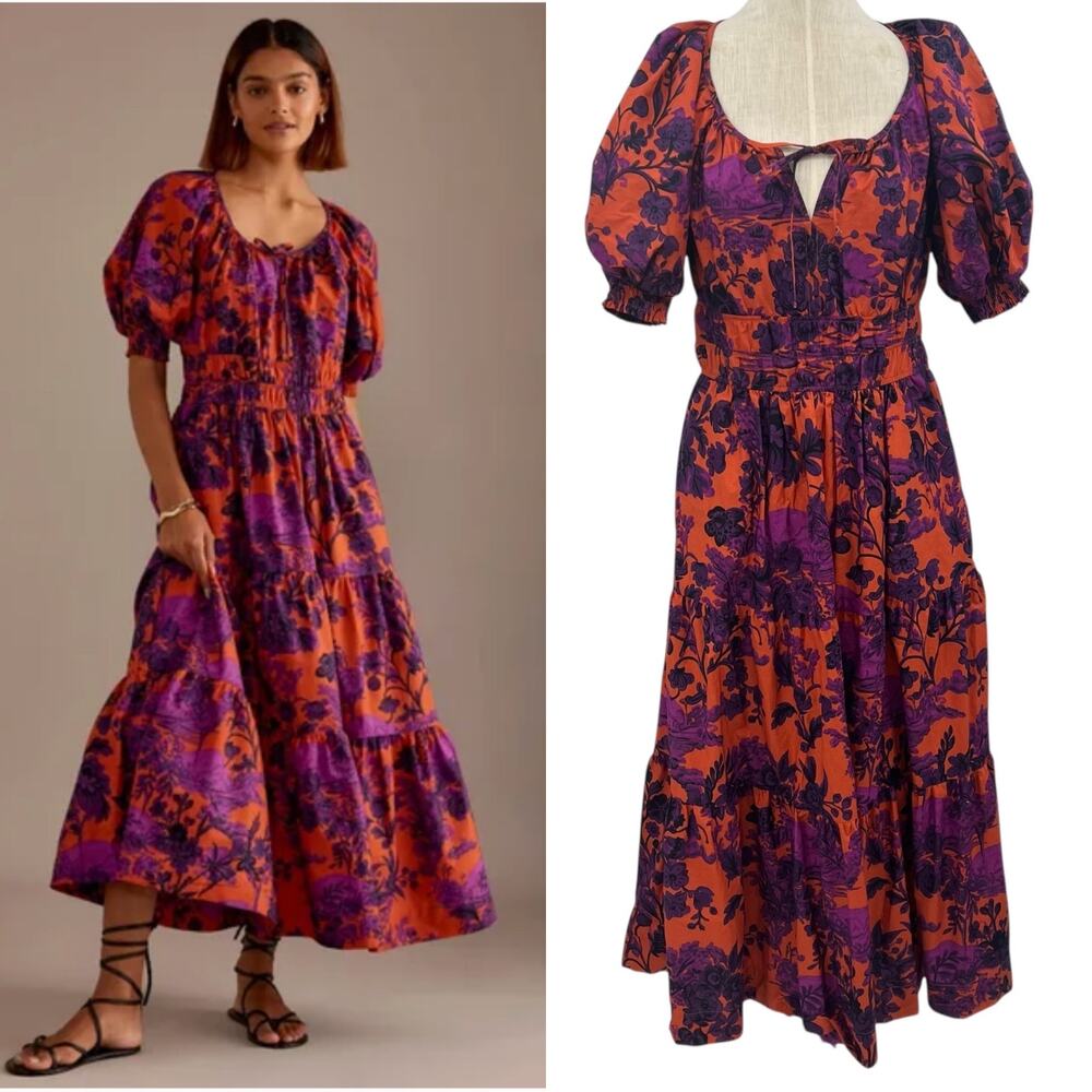 Anthropologie The Somerset Puff-Sleeve‎ Maxi Dress Floral Orange Purple Small
